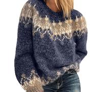 RWXXDSN Pull pour femme en tricot jacquard à col rond décontracté en mohair pour l'automne et l'hiver, bleu, S