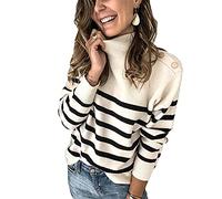 RWXXDSN Pull Tricoté à La Mode Automne Et Hiver pour Femmes à Col Roulé à Bandoulière Boutonné Rayé