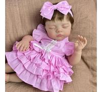 RXDOLL Poupée Reborn réaliste de 48,3 cm en tissu doux avec une jolie robe rose