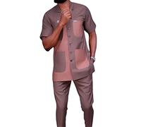 RXEARS Vêtements africains pour Hommes Chemise + Pantalon Kurta Ensemble 2 pièces Manches Courtes Outfit Dashiki Survêtement