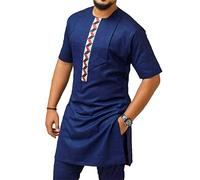 RXEARS Vêtements africains pour Hommes Chemise + Pantalon Kurta Ensemble 2 pièces Manches Courtes Outfit Dashiki Survêtement
