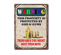 RXETYNVG Plaque vintage en métal avec avertissement - Décoration murale amusante - This Property is Protected by God Guns Trespass You Might Meet Them Both 30,5 x 40,6 cm