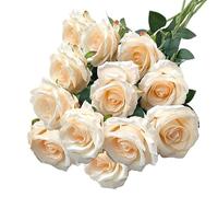 RXKFIGX 12 Pcs Fleurs de Rose Artificielle Couleur Champagne Roses en Soie Tige Unique Réaliste 51 CM Fausses Fleurs de Soie Tige Unique Roses pour Mariage Fête Table Jardin Hôtel Bureau（Champagne）