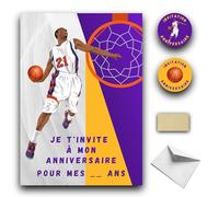 RXLITE Kit créatif et ludique premium de 10 Cartes d'invitation anniversaire à gratter thème basket en français: 10 Cartons, 10 enveloppes blanches, 10 stickers et 10 autocollants dorés