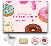 RXLITE KIT créatif Invitations Anniversaire thème DONUTS :10 Cartes à Gratter Stickers Dorés Enveloppes Blanches
