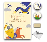 RXLITE Kit créatif premium de 10 Cartes d'invitation anniversaire à gratter thème Chevalier en français: 10 cartons, 10 enveloppes blanches, 10 stickers et 10 autocollants dorés à gratter