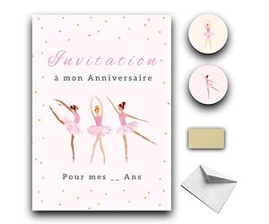 RXLITE Kit créatif premium de 10 Cartes d'invitation anniversaire à gratter thème danseuse en français: 10 Cartons, 10 enveloppes blanches, 10 stickers et 10 autocollants dorés à gratter