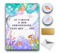RXLITE Kit créatif premium de 10 Cartes d'invitation anniversaire à gratter thème sirène en français: 10 cartons, 10 enveloppes blanches, 10 stickers et 10 autocollants dorés à gratter