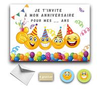 RXLITE Kit créatif premium de 10 Cartes d'invitation anniversaire à gratter thème Smiley EMOJI en français: 10 cartons, 10 enveloppes blanches, 10 stickers et 10 autocollants dorés à gratter