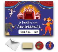RXLITE Nouveauté 2024 Kit créatif de 10 Cartes d'invitation anniversaire à gratter thème cirque en français: 10 Cartons, 10 enveloppes blanches, 10 stickers et 10 autocollants dorés à gratter