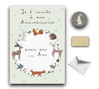 RXLITE Nouveauté 2024 Kit créatif de 10 Cartes d'invitation anniversaire à gratter thème Foret en français: 10 cartons, 10 enveloppes blanches, 10 stickers et 10 autocollants dorés