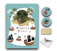 RXLITE Nouveauté 2024 Kit créatif premium de 10 Cartes d'invitation anniversaire à gratter thème pirates en français: 10 Cartons, 10 enveloppes blanches, 10 stickers et 10 autocollants dorés