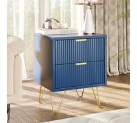 RXMORI Commode à 2 tiroirs,Table à Chevet, Table de Nuit, Table d’Appoint, avec Manches et Pieds en Couleur Doré, Style Moderne, Scandinave pour Salon, Chambre, 40 x 35.5 x 50 cm (Bleu)