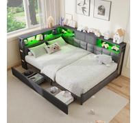RXMORI Lit pour adolescent 140 x 200 cm avec LED et station de charge, canapé-lit avec 6 compartiments de rangement et 2 tiroirs, lit de jour avec sommier à lattes en métal, sans matelas (gris G