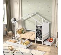 RXMORI Lit pour enfant, design maison, avec tableau à craie, 90 x 200 cm, en bois, avec 2 tiroirs et tableau, lit enfant avec protection anti-chute et sommier à lattes en bois, lit pour enfants, sans