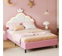 RXMORI Lit rembourré pour Enfants 90 x 200 cm avec tête de Lits en Forme de Couronne pour Filles, Cadre de lit avec Bandes Lumineuses LED réglables, Blanc et Rose (sans Matelas) (90x200cm)