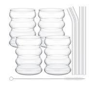 RXMORI Lot de 4 Verres à Eau à Bulles Nervurés avec Pailles, Verres à Café Glacés Esthétiques, Verres à Bulles Ondulés pour Cocktail, Lait, Soda(Transparent)