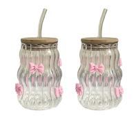 RXMORI Verres à Boire Nervurés avec Couvercle en Bois et Pailles en Verre, Tasses en Verre ondulé de 450 Ml, Verrerie Nervurée, Tasse à café glacé, Joli Gobelet à Nœud/fleur de