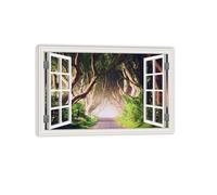 RXNHGJDS Impression sur Toile Intissé Fenêtre Ouverte Illusion 3D Image Moderne Tableau Déco Mural Salle De Séjour Forêt Rayon De Soleil Arbres vert120x80cm(47x31in) Cadre