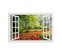 RXNHGJDS Impression sur Toile Intissé Vue a Travers Une Fenêtre Illusion 3D Image Moderne Tableau Déco Mural Salle tableau Paysage Vert forêt Soleil75x50cm(30x20in) sans cadre