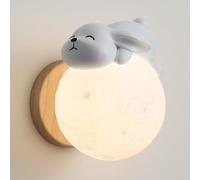 RXPVUXE Applique Lune Applique Murale Lapin en Résine Blanche Applique Murale Moderne en Bois avec Abat-Jour Globe PLA, Appliques Murales Lapin Mignon Nordique Chambre d'enfant Luminaire Mural en Bois