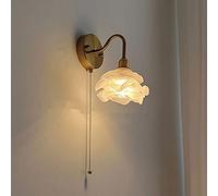 RXPVUXE Applique murale en verre floral nordique en laiton brossé avec interrupteur à tirette, luminaire mural de chevet vintage français E14 câblé pour chambre à coucher, appliques de décoration de s