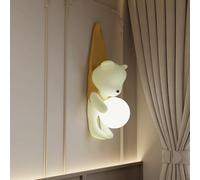 RXPVUXE Applique murale moderne pour chambre d'enfant, applique murale ours de dessin animé avec abat-jour en verre, lampe murale créative en résine rose/jaune, luminaire décoratif pour chambre de gar