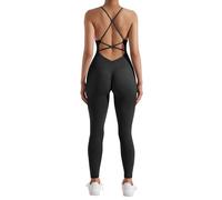 RXRXCOCO Combinaison côtelée à bretelles spaghetti pour femme, coupe ajustée, dos nu, rembourrée, minceur, pour yoga, sport, une pièce, #2 Noir, L