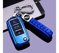 RXXR Bleu Coque clé de Voiture avec Porte Clés Compatible avec VW Volkswagen Golf 5 6 Polo Touran Touareg Passat MK6 Caddy Jetta Scirocco Skoda Seat, 3 Boutons étui pour Clé de Voiture