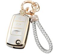 RXXR Coque de clé de voiture pour VW à 3 boutons - Argenté - Avec porte-clés brillant - Compatible avec VW Volkswagen Passat Golf Polo Beetle Jetta Touran Eos Scirocco, Doré argenté