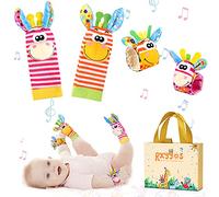 RXYYOS 4Pcs Bébé Poignet et Chaussettes Hochet Jouets Ensemble Poignet de Bell Strap hochets et Chaussettes Pied Finder Animal Bébé Chaussettes De Pied avec Jouet (Style 2)