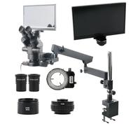 Ryanong Microscope d'observation 3,5 à 45 x Simul-Focus Stéréo Microscope Trinoculaire FHD 1080P HDMI Caméra de mesure vidéo avec écran 11,6" Support de charnière à pince