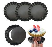 Ryaupy 4 Pièces Moule à Tartelette 10 cm - Fond Amovible Noir Antiadhésif en Acier Carbone - pour Quiche, Tartes & Pâtisserie - Lot de Mini Moules à Tarte Ronds Réutilisables
