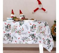 RYB HOME Nappe Noel - Nappe Rectangulaire Blanche et Vert Anti Tache 140x300 cm Couverts de Table Imperméable Facile à Entretien pour Decoration Salle à Manger Salon Jardin, Houx Noel