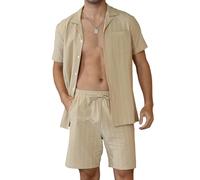 Ryehack Ensemble Homme Ete Lin Coton 2 Pièces Hawaien Chemise Short Rayé Plage Set Bouton Vacances M-3XL