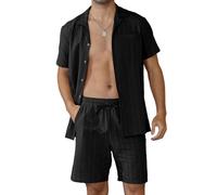 Ryehack Ensemble Homme Ete Lin Coton 2 Pièces Hawaien Chemise Short Rayé Plage Set Bouton Vacances M-3XL