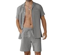 Ryehack Ensemble Homme Ete Lin Coton 2 Pièces Hawaien Chemise Short Rayé Plage Set Bouton Vacances M-3XL