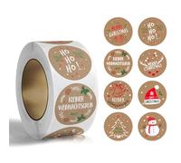 RYMAUP Lot de 500 Autocollants de Noël Ronds en 8 Styles - Étiquettes en Papier Kraft sur Rouleau pour Emballage Cadeau et Décoration