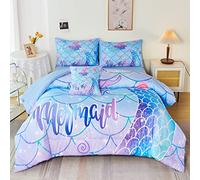 RYNGHIPY 6Pcs Mermaid Tail Comforter Set for Kids Girls, Mermaid Fish Scale Bed in a Bag Twin Size, Sparkle Teal Purple Rainbow Bedroom Decor Bedding Set