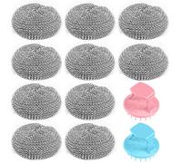 Rynvarl 10 Pièces Éponge à Récurer Acier Inoxydable et Tampons Récurants Inox avec 2 Poignées - Éponge Métallique Puissante pour Vaisselle, Casseroles, Poêles, Évier, Cuisine - Éponge Grattante Réutil