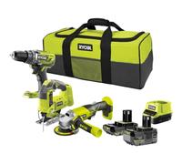 RYOBI 3 Outils 18V: Perceuse R18DD3, Meuleuse 115mm, Scie Sauteuse, 2 Batt, Sac