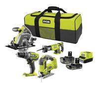 RYOBI 4 outils : 1 perceuse-visseuse + scies (sauteuse, circulaire & sabre) + 2 batteries 4 Ah & 2Ah + 1 chargeur & sac de transport