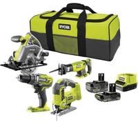 RYOBI 4 outils : 1 perceuse-visseuse + scies (sauteuse, circulaire & sabre) + 2 batteries 4 Ah & 2Ah + 1 chargeur & sac de transport