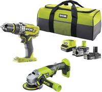 RYOBI 5133003842 - Combo 2 Outils 18 Volts ONE Plus : 1 Perceuse Percussion Plus 1 Meuleuse d'angle 115 mm 2 Batteries (2 and 4Ah), Chargeur, Sac de Transport - R18PDAG-242S