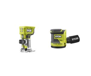 Ryobi - Affleureuse à bois 18V - 30 000 tr/min - pince 6 mm - course berceau 38 mm & Ponceuse excentrique 18 Volts ONE - 125 mm - 3 abrasifs - RROS18-0