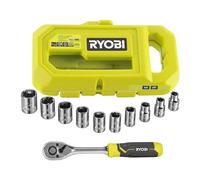 RYOBI - Coffret Clé à Cliquet 1/4" + Douilles - RHRS10PC - 10 Pièces, 90 Dents, Compatible LINK