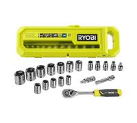 RYOBI Coffret liquet 1/4" RHRS20PC 20 Pièces Douilles 4 à 13 mm | Mécanisme 90 crans pour espaces très restreints, 16 douilles et adaptateurs, serrage et desserrage, petite mécanique