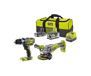 RYOBI - Combo 2 outils Brushless : perceuse-visseuse à percussion Brushless + meuleuse d'angle 125 mm Brushless + batterie 2,0 Ah + batterie 5,0 Ah + chargeur rapide 2,0 A Livré en sac de transport