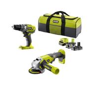 RYOBI - Combo 2 outils ONE+ : Perceuse-visseuse, Meuleuse d'angle 115mm + 2 batteries 5 & 2 Ah, chargeur & sac - R18DDAG-252S