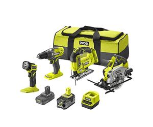 RYOBI - Combo 4 outils 18V ONE+ : perceuse-visseuse + scie sauteuse + scie circulaire + lampe LED - Sac de transport avec 2 batteries 5 et 2 Ah et 1 chargeur rapide - RCK184A-252S
